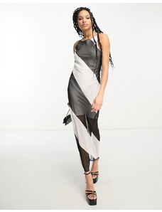 ASOS DESIGN - Vestito midi sottoveste con taglio sbieco nero e bianco con stampa a righe-Multicolore