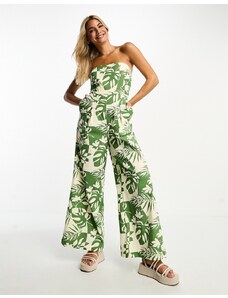 ASOS DESIGN - Tuta jumpsuit a fascia effetto lino verde a fiori con spallina rimovibile-Multicolore