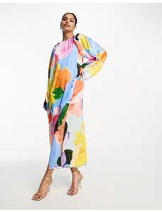 ASOS DESIGN - Vestito al polpaccio in raso slavato con maniche voluminose e stampa astratta-Multicolore