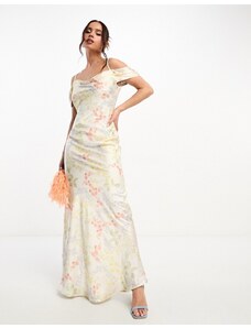 Hope & Ivy - Vestito lungo in raso color avorio a fiori con scollo ad anello-Bianco