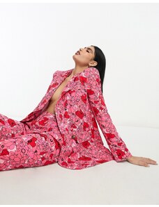 ASOS DESIGN - Blazer da abito doppiopetto oversize rosa in misto lino con stampa di papaveri