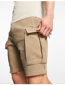 Bershka - Pantaloncini cargo ampi in jersey color cammello con cintura-Neutro