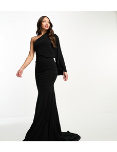 ASOS Tall ASOS DESIGN Tall - Vestito lungo premium monospalla nero drappeggiato con strascico-Multicolore