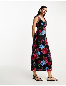 ASOS DESIGN - Vestito lungo in rete a fiori con scollo rotondo e maniche con volant-Nero