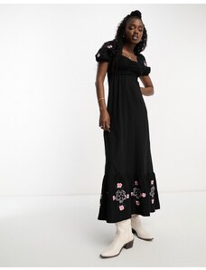 Miss Selfridge - Vestito lungo nero con corpino arricciato, dettagli ricamati e maniche a sbuffo-Black