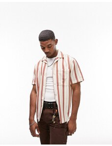 Topman - Camicia a maniche corte vestibilità classica color crema e arancione a righe con rever-Brown