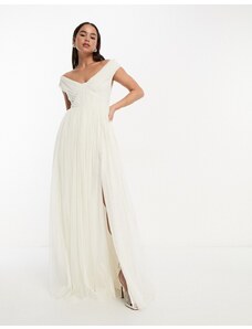 Anaya - Vestito da sposa lungo in tulle color avorio con spacco e scollo alla Bardot-Bianco