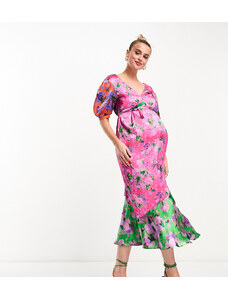 Hope & Ivy Maternity - Vestito midi in raso rosa con stampa a contrasto-Multicolore