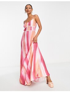 ASOS DESIGN - Vestito lungo in raso rosa tie-dye plissé-Multicolore