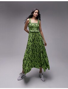Topshop - Vestito midi arricciato stile scamiciato verde a fiori neri-Multicolore
