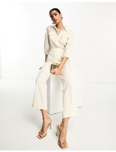 Pretty Lavish - Tuta jumpsuit multitasche allacciata in vita color crema-Bianco