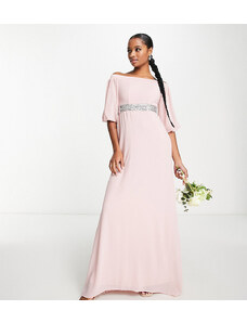 TFNC Petite - Vestito lungo in chiffon color malva con scollo Bardot e vita decorata-Rosa