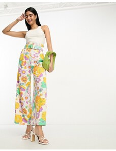 ASOS DESIGN - Pantaloni a fondo ampio e vita alta multicolore a fiori oversize in misto lino