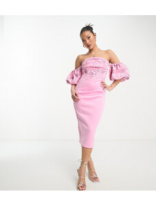 ASOS Petite ASOS DESIGN Petite - Vestito midi rosa decorato con paillettes a fiori con maniche a sbuffo e scollo alla Bardot