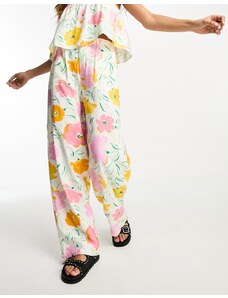 Object - Pantaloni a fondo ampio con stampa a fiori rosa e gialli in coordinato-Multicolore
