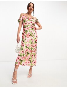 Hope & Ivy Plus - Vestito con gonna al polpaccio e spalle scoperte in raso rosa a fiori-Multicolore