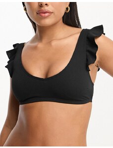 New Look - Crop top bikini nero con maniche con volant