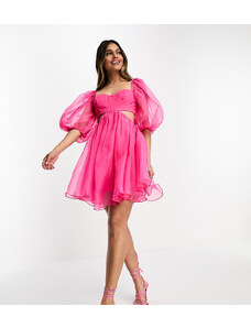 Esclusiva Lace & Beads - Vestito corto in organza rosa con maniche a sbuffo