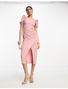 ASOS DESIGN - Vestito midi con scollo squadrato e maniche a sbuffo rosa polvere testurizzato