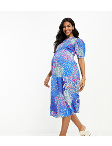 Influence Maternity - Vestito da giorno midi blu a fiori con maniche con volant