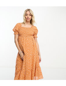 Influence Maternity - Vestito midi a balze arancione a fiorellini arricciato sul davanti