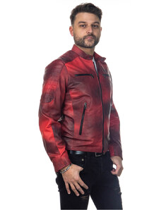 Leather Trend U05 - Biker Uomo Rosso Tamponato in vera pelle