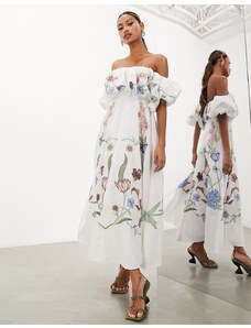 ASOS EDITION - Vestito midi bianco a fiori con ricami e scollo alla Bardot
