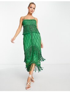 ASOS DESIGN - Vestito midi verde decorato con con perline di legno e frange