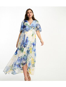 Hope & Ivy Maternity - Vestito lungo avvolgente con volant a fiori blu-Multicolore