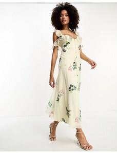 ASOS DESIGN - Vestito al polpaccio con stampa a fiori limone e bottoni con maniche con volant arricciate-Multicolore