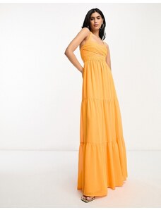 ASOS DESIGN - Vestito lungo a balze allacciato al collo con corpetto arricciato arancione acceso