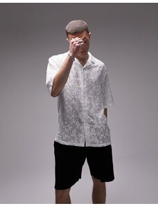 Topman - Camicia a maniche corte comoda con rever bianca con ricamo a fiori-Bianco