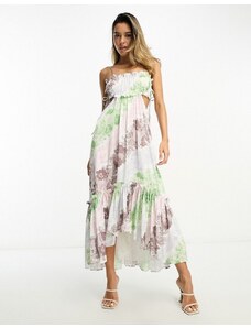 ASOS DESIGN - Vestito midi con stampa a fiori arricciato sul busto, con lacci e cut-out-Multicolore