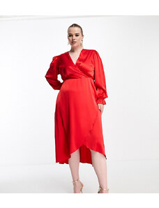 AX Paris Plus - Vestito avvolgente a maniche lunghe in raso, colore rosso