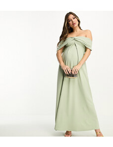 ASOS Maternity ASOS DESIGN Maternity - Vestito lungo salvia con spalle scoperte e scollo alla Bardot attorcigliato-Verde