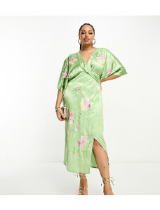 ASOS Curve ASOS DESIGN Curve - Vestito midi in raso verde a portafoglio ricamato con maniche stile kimono