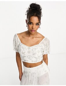 Miss Selfridge Premium - Top bianco a corsetto con decorazioni