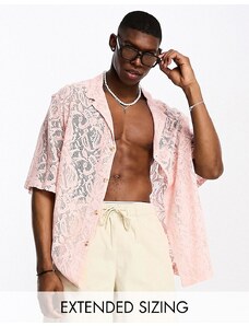 ASOS DESIGN - Camicia oversize in pizzo rosa chiaro con rever e spalle scivolate