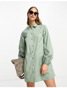 ASOS DESIGN - Vestito camicia corto punto smock kaki con dettaglio raccolto e bottoni-Verde
