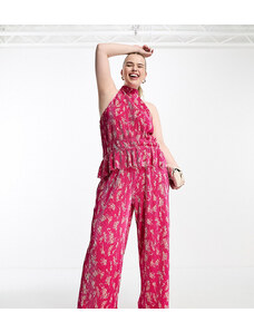 Vero Moda Curve - Pantaloni plissé a fondo ampio rosa a fiori in coordinato