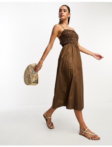 Lola May - Vestito midi in popeline di cotone marrone cioccolato arricciato con incrocio sul retro-Brown