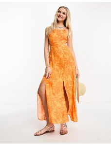 Miss Selfridge - Vestito lungo arancione a fiori tropicali con cut-out e spalline sottili