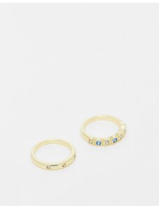 Pieces - Confezione da 2 anelli in cofanetto regalo color oro e con pietre multicolore placcati oro 18 carati