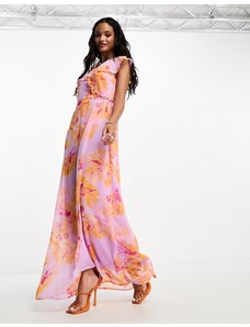 Vero Moda - Vestito lungo lilla e arancione a fiori a portafoglio