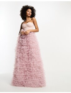ASOS DESIGN - Vestito lungo premium a corsetto a fascia in raso rosa polvere con gonna in rete con volant