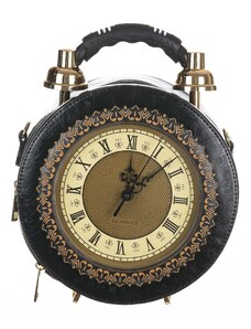 Borsa Tracy Clock con orologio funzionante con tracolla, Cosplay Steampunk, ecopelle, colore nero, ARIANNA DINI DESIGN