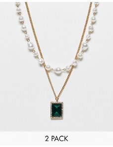 ASOS DESIGN - Confezione da 2 collane dorate con perle sintetiche e pendente con cristallo verde-Oro