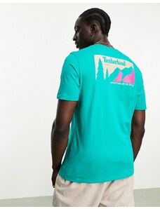 Timberland - T-shirt blu acqua con stampa di montagne sul retro-Grigio