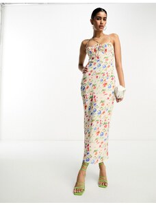 Pretty Lavish - Vestito sottoveste al polpaccio color avorio a fiori con laccetti-Bianco