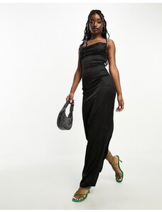NaaNaa - Vestito lungo in raso nero con scollo ad anello e laccetti sul retro